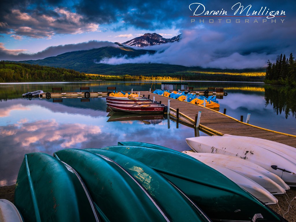 Morning-at-Pyramid-Lake-boats-and-canoes-Jasper-National-Park